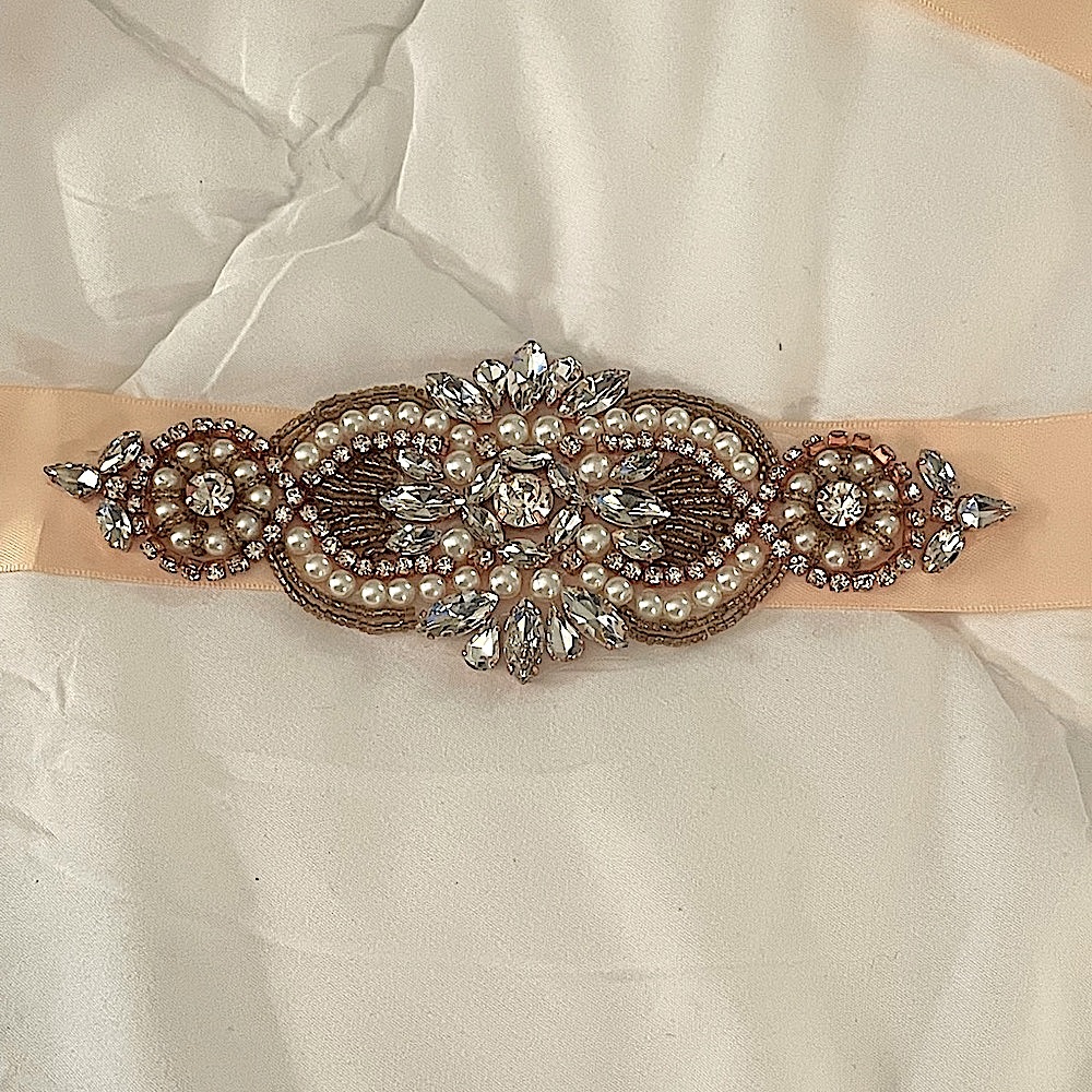 Pink silk Bridal belt/sash adorned with beads and rhinestones. Brand new in box